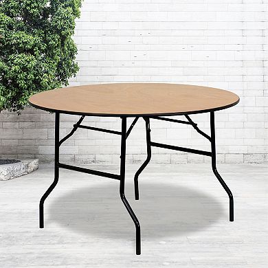 Emma and Oliver 4-Foot Round Wood Folding Banquet Table with Clear Coated Finished Top