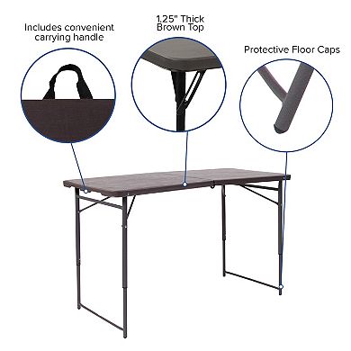 Emma and Oliver 4-Foot Height Adjustable Bi-Fold Brown Plastic Folding Table with Handle