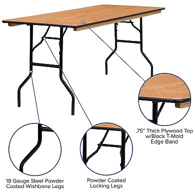 Emma and Oliver 6-Foot Rectangular Wood Folding Banquet Table with Clear Coated Finished Top