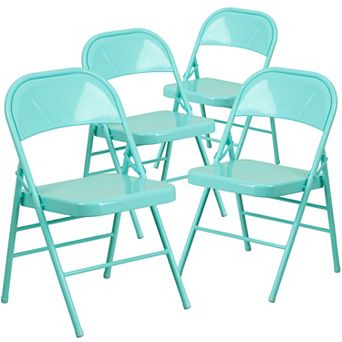 Emma and Oliver 4 Pack Colorful Tantalizing Teal Triple Braced Metal Folding Chair