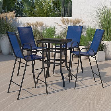 Emma and Oliver 5 Piece Outdoor Bar Height Set-Glass Patio Bar Table-Navy All-Weather Barstools
