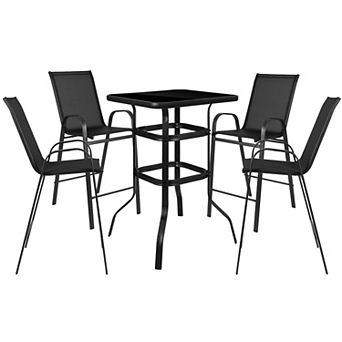 Emma and Oliver 5 pc Outdoor Bar Height Set-Glass Patio Bar Table-Gray All-Weather Barstools