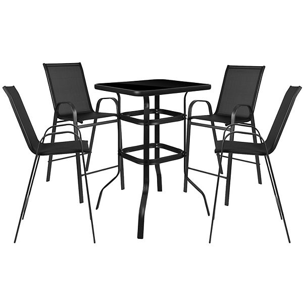Emma and Oliver 5 Piece Outdoor Bar Height SetGlass Patio Bar TableNavy AllWeather Barstools