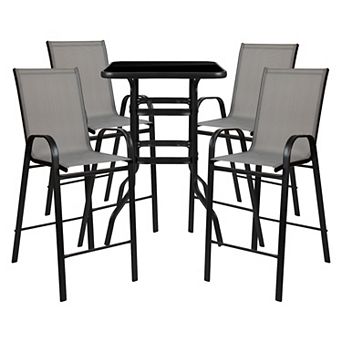 Emma and Oliver 5 pc Outdoor Bar Height Set-Glass Patio Bar Table-Gray All-Weather Barstools