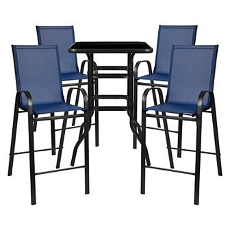 Emma and Oliver 5 pc Outdoor Bar Height Set-Glass Patio Bar Table-Gray All-Weather Barstools