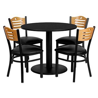 Emma and Oliver 36" Round Black Laminate Table Set, 4 Wood Slat Back Metal Chairs