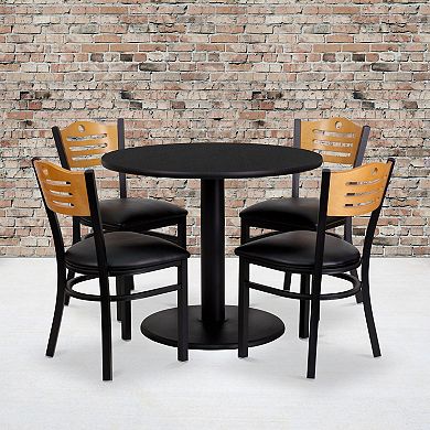 Emma and Oliver 36" Round Black Laminate Table Set, 4 Wood Slat Back Metal Chairs