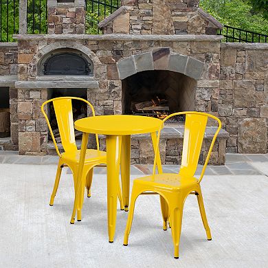 Emma and Oliver Commercial 24" Round Green Metal Indoor-Outdoor Table Set with 2 Cafe Chairs
