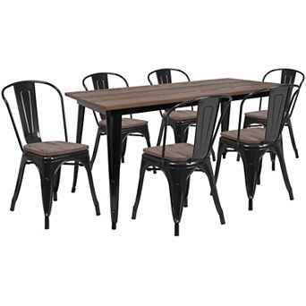 Emma and Oliver 30.25" x 60" Black Metal/Wood Table Set - 6 Stack Chairs