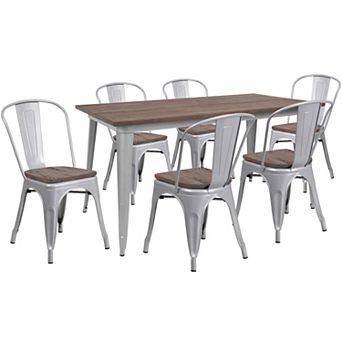 Emma and Oliver 30.25" x 60" Black Metal/Wood Table Set - 6 Stack Chairs