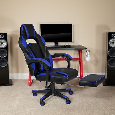 Emma and Oliver Black/Blue Ergonomic Gaming Chair -Recline Back/Arms, Footrest, Massaging Lumbar