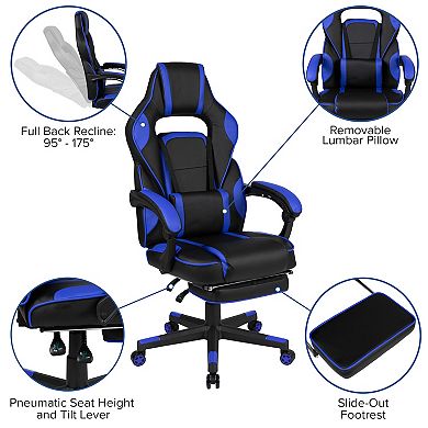 Emma and Oliver Black/Blue Ergonomic Gaming Chair -Recline Back/Arms, Footrest, Massaging Lumbar