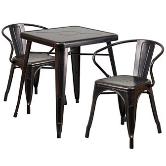 Emma and Oliver Commercial 23.75" Square Silver Metal Indoor-Outdoor Table Set-2 Arm Chairs