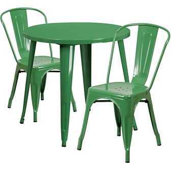 Emma and Oliver Commercial 30" Round White Metal Indoor-Outdoor Table Set with 2 Cafe Chairs