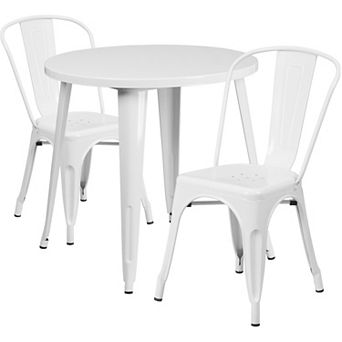 Emma and Oliver Commercial 30" Round White Metal Indoor-Outdoor Table Set with 2 Cafe Chairs
