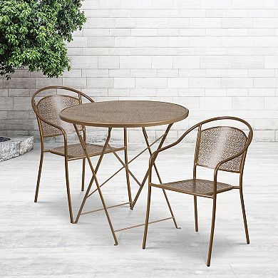 Emma and Oliver Commercial Grade 30" Round Coral Folding Patio Table Set-2 Round Back Chairs