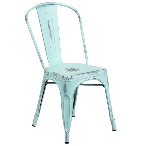 EMMA OLIVER Distressed White Metal Indoor-Outdoor Stackable Chair 