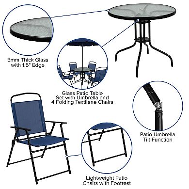 Emma and Oliver 6 Piece Navy Patio Garden Set with Table, Umbrella and 4 Folding Chairs