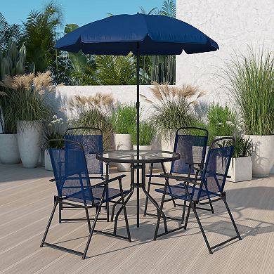 Emma and Oliver 6 Piece Navy Patio Garden Set with Table, Umbrella and 4 Folding Chairs