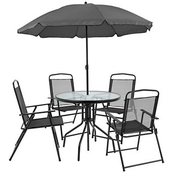 Emma and Oliver 6 pc Black Patio Garden Set with Umbrella Table and Set of 4 Folding Chairs