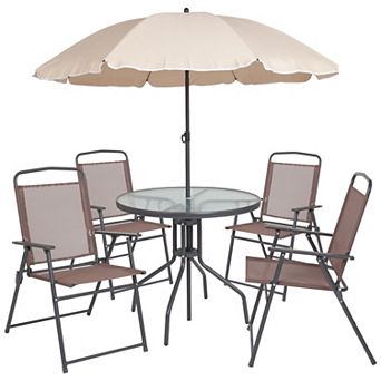 Emma and Oliver 6 pc Black Patio Garden Set with Umbrella Table and Set of 4 Folding Chairs