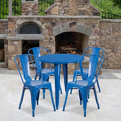 Emma and Oliver Commercial 30" Round Blue Metal Indoor-Outdoor Table Set with 4 Cafe Chairs