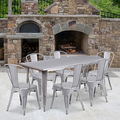 Emma and Oliver Commercial Grade Rectangular Black Metal Indoor-Outdoor Table Set-6 Stack Chairs