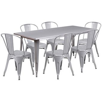 Emma and Oliver Commercial Grade Rectangular Black Metal Indoor-Outdoor Table Set-6 Stack Chairs