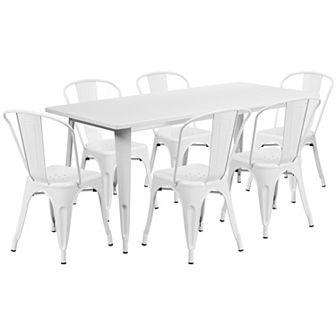 Emma and Oliver Commercial Grade Rectangular Black Metal Indoor-Outdoor Table Set-6 Stack Chairs