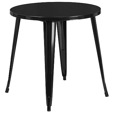 Emma and Oliver Commercial 30" Round White Metal Indoor-Outdoor Table Set with 2 Arm Chairs