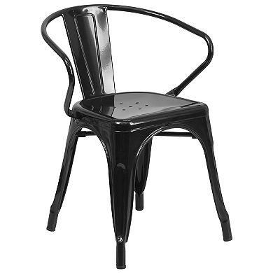 Emma and Oliver Commercial 30" Round White Metal Indoor-Outdoor Table Set with 2 Arm Chairs