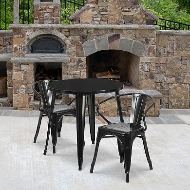 Emma and Oliver Commercial 30" Round White Metal Indoor-Outdoor Table Set with 2 Arm Chairs