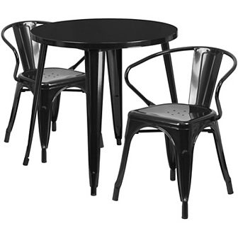 Emma and Oliver Commercial 30" Round White Metal Indoor-Outdoor Table Set with 2 Arm Chairs