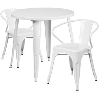 Emma and Oliver Commercial 30" Round White Metal Indoor-Outdoor Table Set with 2 Arm Chairs