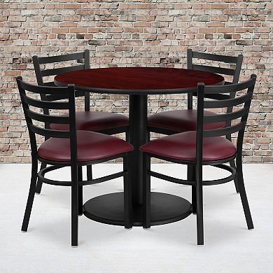 Emma and Oliver 36RD Mahogany Table Set-RD Base-4 Ladder Back Chairs,Burgundy Seat