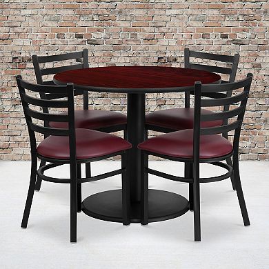 Emma and Oliver 36RD Black Table Set-RD Base & 4 Ladder Back Chairs,Burgundy Seat