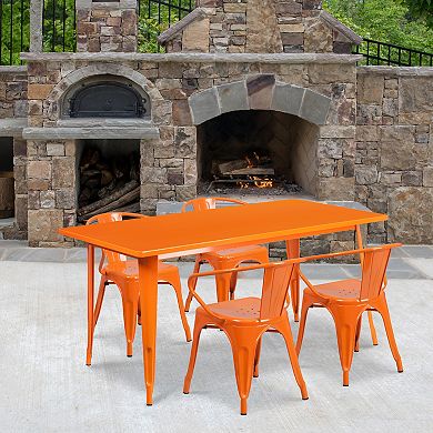 Emma and Oliver Commercial Grade Rectangular Blue Metal Indoor-Outdoor Table Set-4 Arm Chairs