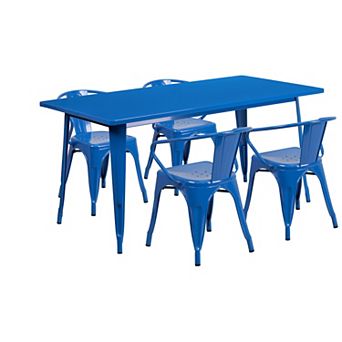 Emma and Oliver Commercial Grade Rectangular Blue Metal Indoor-Outdoor Table Set-4 Arm Chairs