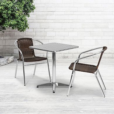 Emma and Oliver 23.5" Square Aluminum Table Set-2 Dark Brown Rattan Chairs