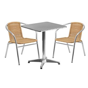 Emma and Oliver 23.5" Square Aluminum Table Set-2 Dark Brown Rattan Chairs