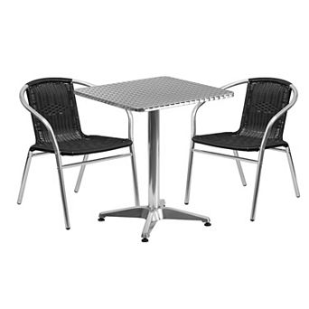 Emma and Oliver 23.5" Square Aluminum Table Set-2 Dark Brown Rattan Chairs