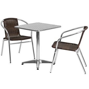 Emma and Oliver 23.5" Square Aluminum Table Set-2 Dark Brown Rattan Chairs