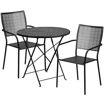 Emma and Oliver Commercial Grade 30" Round Black Folding Patio Table Set-2 Square Back Chairs