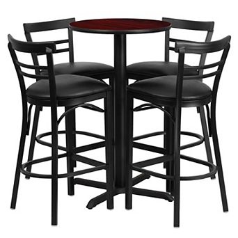 Emma and Oliver 24RD Walnut Table Set-X-Base-4 2Slat Ladder Back Stools,Black Seat