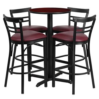 Emma and Oliver 24RD Black Table Set-X-Base-4 2Slat Back Stools,Burgundy Seat