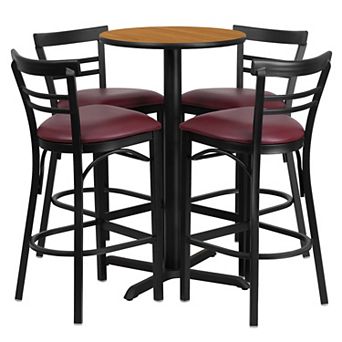 Emma and Oliver 24RD Black Table Set-X-Base-4 2Slat Back Stools,Burgundy Seat