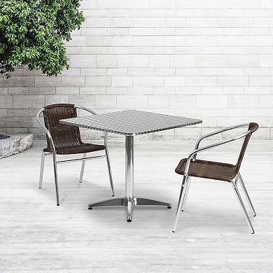 Emma and Oliver 31.5" Square Aluminum Table Set-2 Dark Brown Rattan Chairs