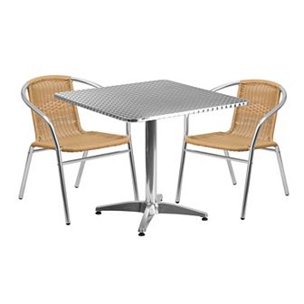 Emma and Oliver 31.5" Square Aluminum Table Set-2 Dark Brown Rattan Chairs