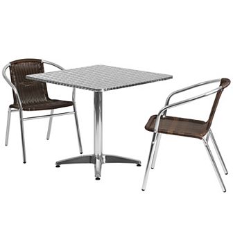 Emma and Oliver 31.5" Square Aluminum Table Set-2 Dark Brown Rattan Chairs