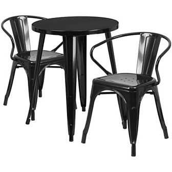Emma and Oliver Commercial Grade 24" Round Blue Metal Indoor-Outdoor Table Set with 2 Arm Chairs
